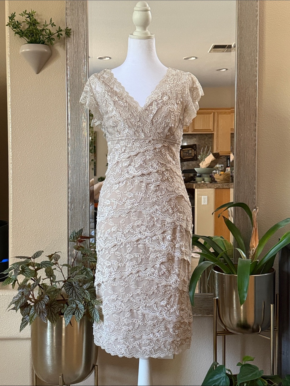 MARINA Lace V-Neck Midi Dress in Light Beige